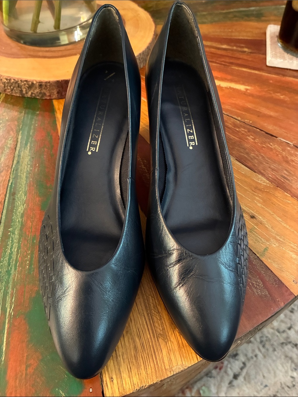 Naturalizer Navy blue Pointed Leather Pumps with Woven Side Detail